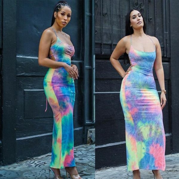 The Best New Women Backless Holiday Beach Strappy Bodycon Dress Summer Tie Dyeing Party Slim Dresses Clubwear Online - Hplify