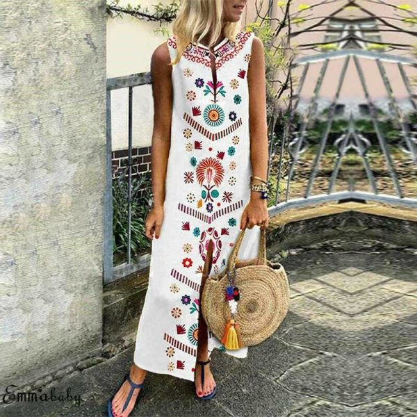 The Best New Women Boho Floral Sleeveless Slit Fashion Ladies Long Holiday Casual Summer Print Beach Dress Sundress Hot Online - Hplify