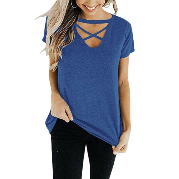 The Best New Women Casual Hollow Out Neck Tops Summer Short Sleeve Cotton Shirt Blouse Fashion Ladies Loose Solid Shirts Online - Hplify
