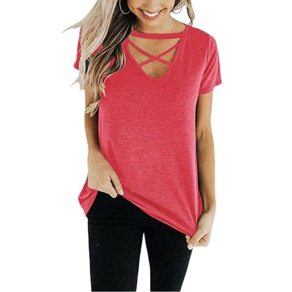 The Best New Women Casual Hollow Out Neck Tops Summer Short Sleeve Cotton Shirt Blouse Fashion Ladies Loose Solid Shirts Online - Hplify