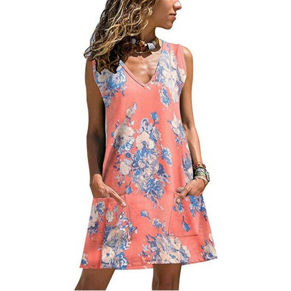 The Best New Women Casual Loose Tunic Floral Dress Ladies Casual Beach Swing Strappy Cami Pocket Summer Party Dress Sundress Online - Hplify