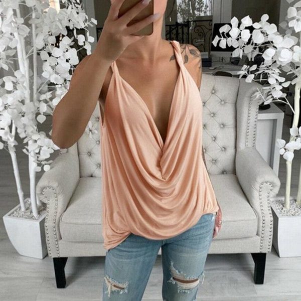 The Best New Women Casual Strap Sheer Sleeveless Solid Tank Top Summer Ladies V-neck Loose Camisole Crop Tank Tops Vest Shirt Online - Hplify