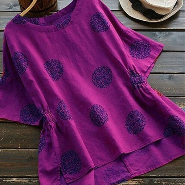 The Best New Women Casual Summer Floral Vintage Round Neck Shirt Fashion Short Sleeve Coin Dots Loose Cotton T-Shirt Online - Hplify