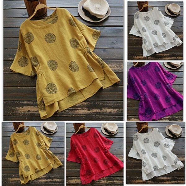 The Best New Women Casual Summer Floral Vintage Round Neck Shirt Fashion Short Sleeve Coin Dots Loose Cotton T-Shirt Online - Hplify