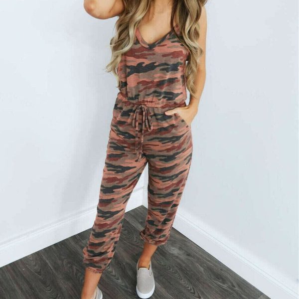 The Best New Women Casual Summer Jumpsuit Bandage Sleeveless Slim Fit Bodycon Long Trouser Overalls Camo Solid Romper Jumpsuit Online - Hplify
