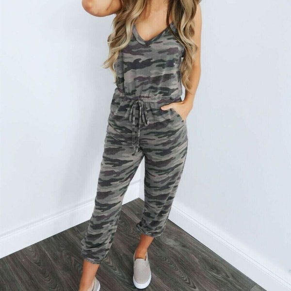 The Best New Women Casual Summer Jumpsuit Bandage Sleeveless Slim Fit Bodycon Long Trouser Overalls Camo Solid Romper Jumpsuit Online - Hplify