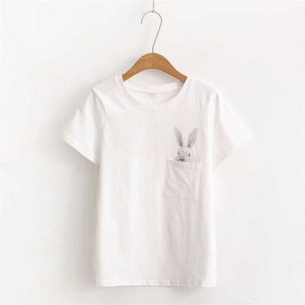The Best New Women Casual T-shirt Short Sleeve Ladies Loose Casual Summer Tops Cartoon Bunny Pocket Short Sleeve Tops Online - Hplify