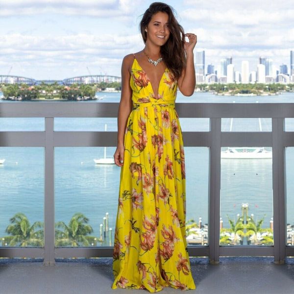 The Best New Women Floral Maxi Dress Fashion Ladies Sleeveless V Neck Prom Evening Party Summer Beach Casual Long Sundress Online - Hplify