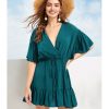 The Best New Women Green V-neck Frill Mini Short Dress Ladies Short Sleeve Fashion Summer Beach Skater Slim Sundress Online - Hplify