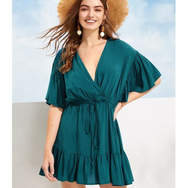 The Best New Women Green V-neck Frill Mini Short Dress Ladies Short Sleeve Fashion Summer Beach Skater Slim Sundress Online - Hplify