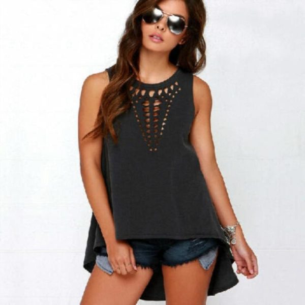 The Best New Women Ladies Black Hollow Out Sleeveless T-Shirts Solid Tops Summer Loose T-Shirts Plus Size Online - Hplify