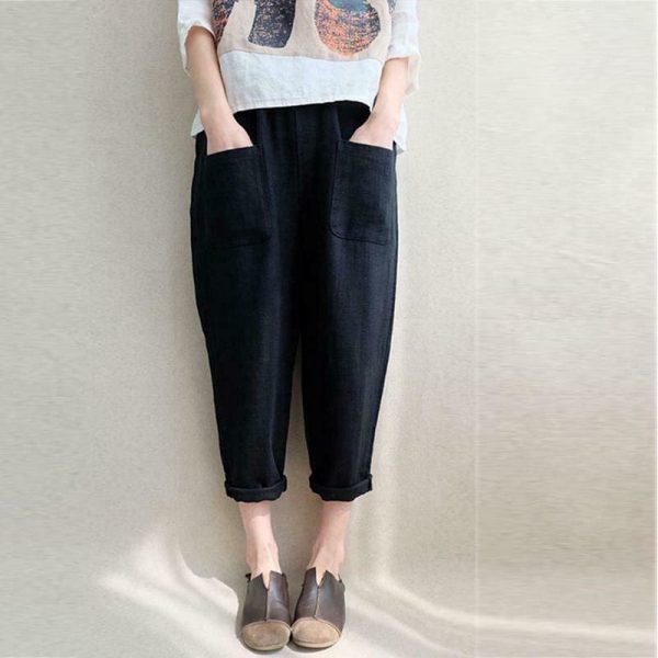 The Best New Women Ladies Casual Loose High Waist Long Pants Linen Cotton Elastic Trouser Female Summer Casual Loose Trouser Online - Hplify