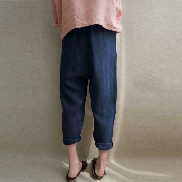 The Best New Women Ladies Casual Loose High Waist Long Pants Linen Cotton Elastic Trouser Female Summer Casual Loose Trouser Online - Hplify