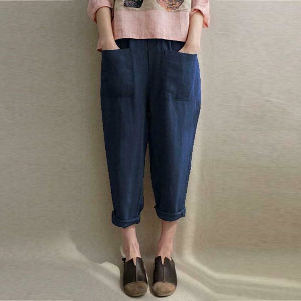 The Best New Women Ladies Casual Loose High Waist Long Pants Linen Cotton Elastic Trouser Female Summer Casual Loose Trouser Online - Hplify