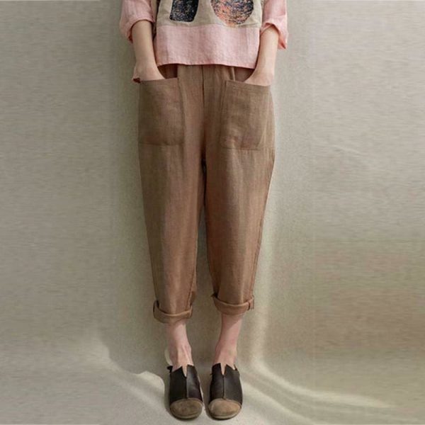 The Best New Women Ladies Casual Loose High Waist Long Pants Linen Cotton Elastic Trouser Female Summer Casual Loose Trouser Online - Hplify