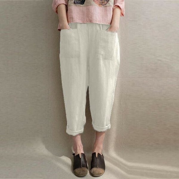 The Best New Women Ladies Casual Loose High Waist Long Pants Linen Cotton Elastic Trouser Female Summer Casual Loose Trouser Online - Hplify
