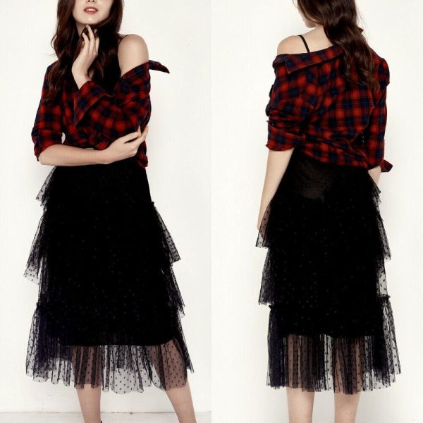 The Best New Women Ladies Retro Stretch High Waist Lace Flared Pleated Swing Tulle Mesh Tutu Skirt Summer Casual Loose Beach Sundress Online - Hplify