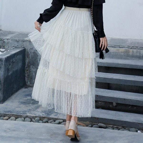 The Best New Women Ladies Retro Stretch High Waist Lace Flared Pleated Swing Tulle Mesh Tutu Skirt Summer Casual Loose Beach Sundress Online - Hplify