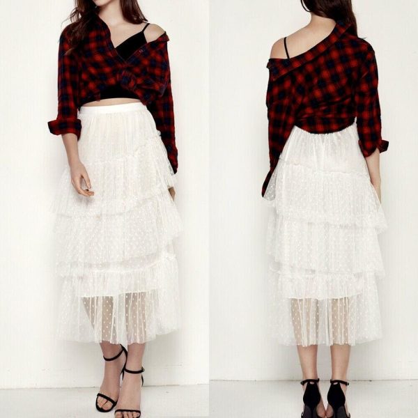 The Best New Women Ladies Retro Stretch High Waist Lace Flared Pleated Swing Tulle Mesh Tutu Skirt Summer Casual Loose Beach Sundress Online - Hplify