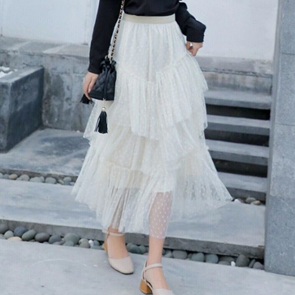 The Best New Women Ladies Retro Stretch High Waist Lace Flared Pleated Swing Tulle Mesh Tutu Skirt Summer Casual Loose Beach Sundress Online - Hplify