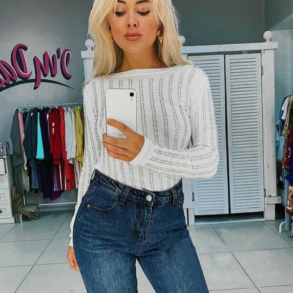 The Best New Women Long Sleeve Loose Tee Shirts Fashion Ladies Autumn Winter Diamond Shining Casual Slim Fit Blouse Tops Shirt Online - Hplify