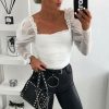 The Best New Women Mesh Sheer Puff Sleeve Ladies Casual Autumn Top Square neck Long Sleeve Slim Fit Tee Shirts Blouse Online - Hplify