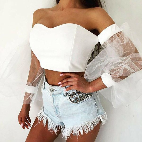 The Best New Women Perspective Long Sleeve Tops Fashion Bubble Sleeve Crop Top Tube Blouse Shirt Summer Beach Holiday Online - Hplify