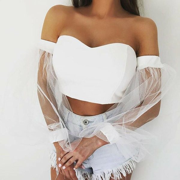 The Best New Women Perspective Long Sleeve Tops Fashion Bubble Sleeve Crop Top Tube Blouse Shirt Summer Beach Holiday Online - Hplify