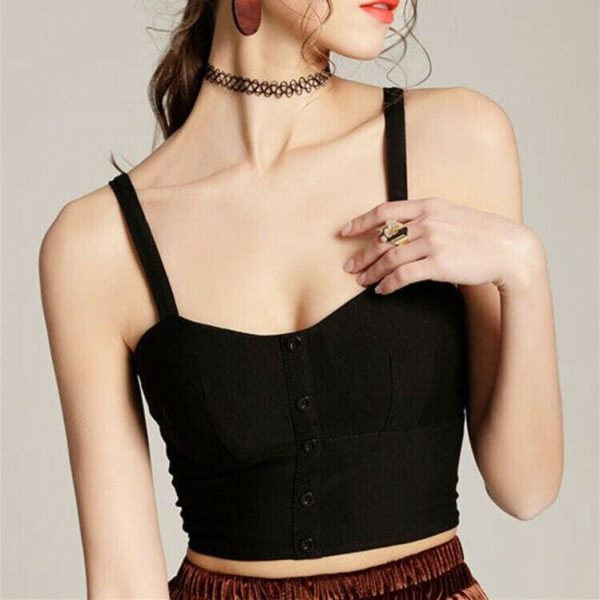 The Best New Women Pure Solid Striped Sling Top Summer Ladies Casual V-neck Padded Crop Tank Tops Button Vest Online - Hplify