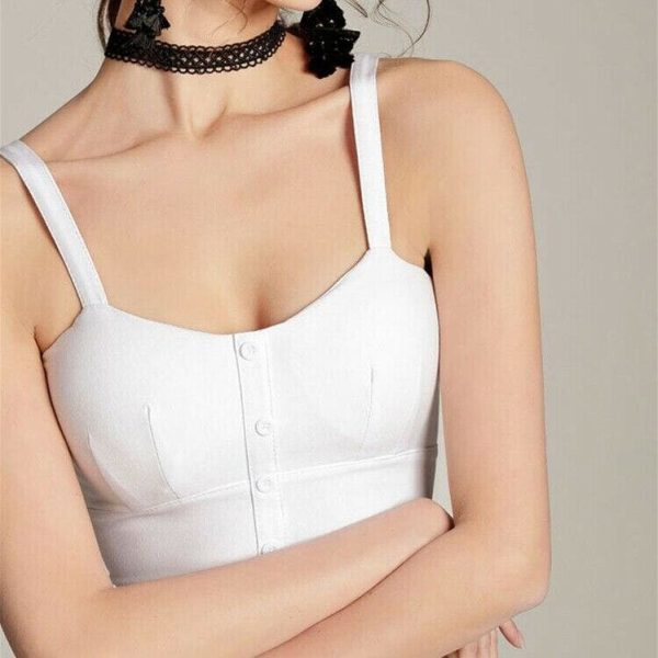 The Best New Women Pure Solid Striped Sling Top Summer Ladies Casual V-neck Padded Crop Tank Tops Button Vest Online - Hplify