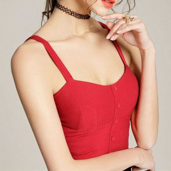 The Best New Women Pure Solid Striped Sling Top Summer Ladies Casual V-neck Padded Crop Tank Tops Button Vest Online - Hplify