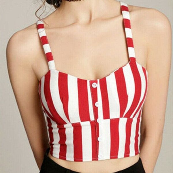 The Best New Women Pure Solid Striped Sling Top Summer Ladies Casual V-neck Padded Crop Tank Tops Button Vest Online - Hplify