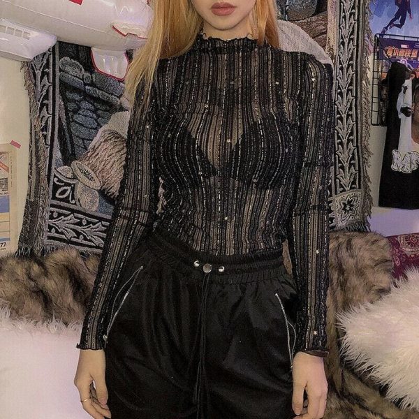 The Best New Women Sexy Turtleneck Sheer Mesh Romper Tops Bodycon Bodysuit Long Sleeves Leotard Jumpsuit Shirt Tops Online - Hplify