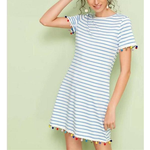 The Best New Women Short Sleeve Mini T-shirt Dress Summer Ladies Casual Round Neck Striped Tassel Loose Beach Sundress Online - Hplify
