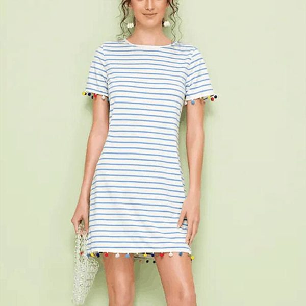 The Best New Women Short Sleeve Mini T-shirt Dress Summer Ladies Casual Round Neck Striped Tassel Loose Beach Sundress Online - Hplify