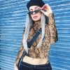 The Best New Women Slim Crop Tops Summer Casual Snake Print Sheer Crop Top Ladies Long Sleeve Crew Neck Tops Shirt Online - Hplify