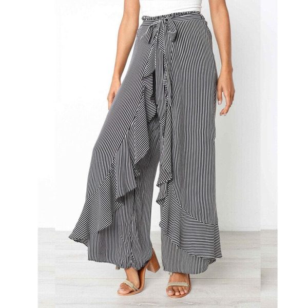 The Best New Women Striped Baggy Harem Pants Hippie Wide Leg Gypsy Boho Long Palazzo Bow Tie High Wais Ruffle Loose Trouser Online - Hplify