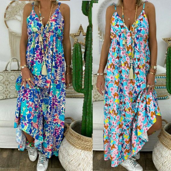 The Best New Women Summer Beach Strappy V-neck Dress Fashion Ladies Boho Floral Sundress Holiday Beach Sundress Clothes Online - Hplify