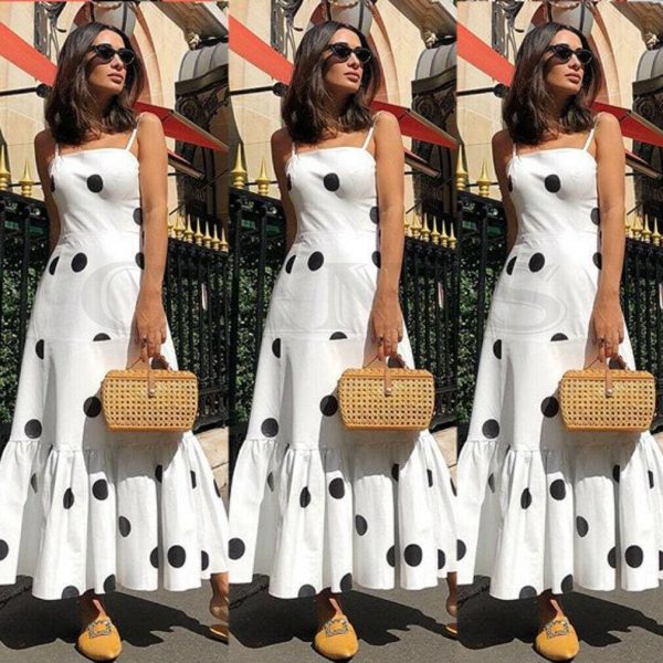The Best New Women Summer Boho Casual Sleeveless High Waist Long Party Beach Dress Sundress Holiday Polka Dot Sundress Online - Hplify