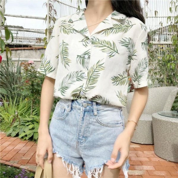 The Best New Women Summer Casual Loose Half Sleeve Blouse Fashion Ladies Leaf Printed Tops Lapel Shirts Beach Holiday Tops Online - Hplify