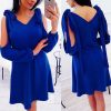 The Best New Women Summer Dress Cold Shoulder V-Neck Long Sleeve Elegant Ladies Solid Casual Vintage Short Mini Dress Online - Hplify
