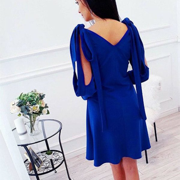 The Best New Women Summer Dress Cold Shoulder V-Neck Long Sleeve Elegant Ladies Solid Casual Vintage Short Mini Dress Online - Hplify