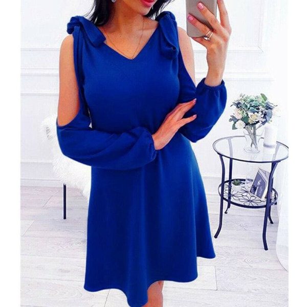 The Best New Women Summer Dress Cold Shoulder V-Neck Long Sleeve Elegant Ladies Solid Casual Vintage Short Mini Dress Online - Hplify