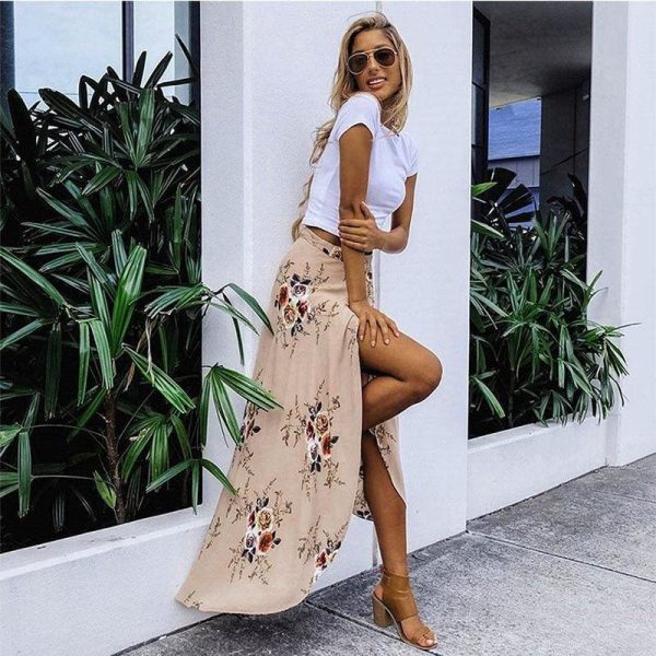 The Best New Women Summer Hight Waist Maxi Skirt Ladies Fashion Pleated Beach Long Casual Boho Floral Skirt Sundress Online - Hplify