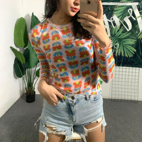 The Best New Women Sweet Cute Flower Patten Sheer Mesh See Through Long Sleeve T-Shirt Tee Crop Tops Summer Fashion Casual Lovely T-shirt Online - Hplify