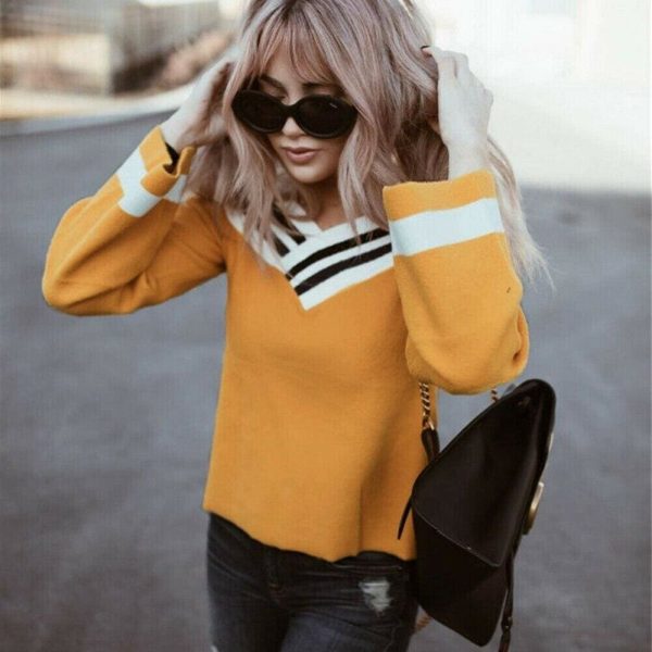 The Best New Women's Autumn Off Shoulder Long Sleeve Pullover Casual Tops V Neck Loose Lady Jumper Shirt Top Sweatshirt Online - Hplify