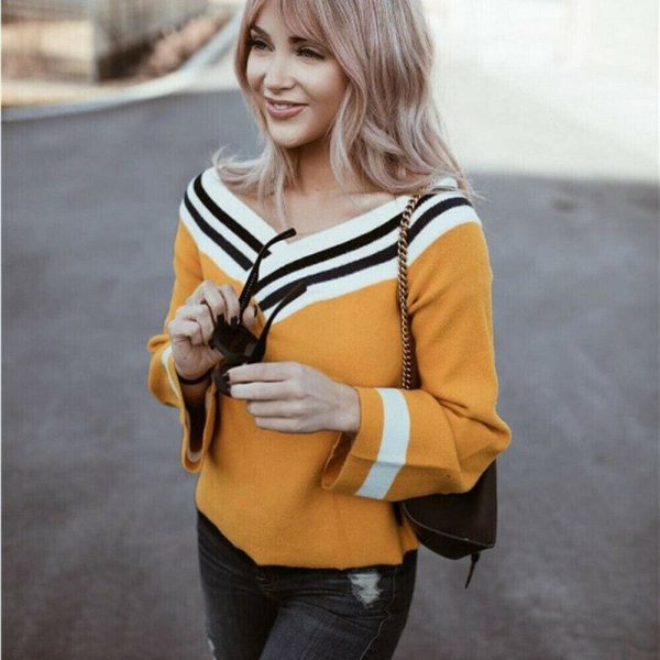 The Best New Women's Autumn Off Shoulder Long Sleeve Pullover Casual Tops V Neck Loose Lady Jumper Shirt Top Sweatshirt Online - Hplify