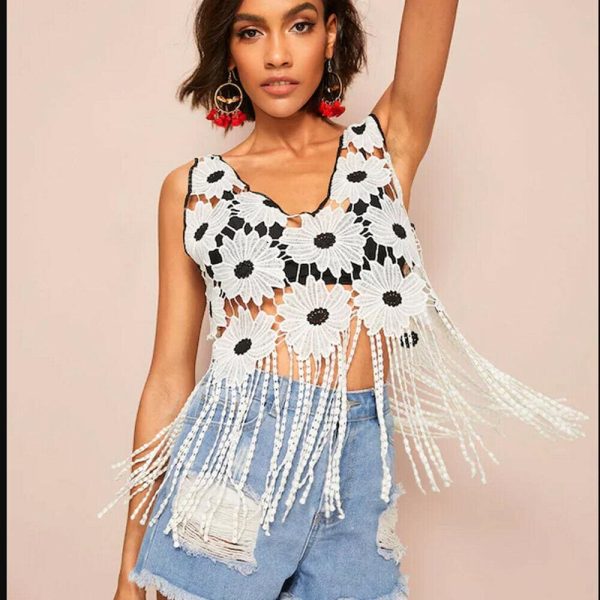 The Best New Women's Hollow Spelling Floral V-Neck Blouses Female Summer Casual Loose Tassel Fashion Short Top Blouse Online - Hplify
