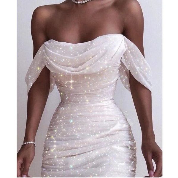 The Best Off Shoulder Pleated White bodycon Dress Women Strapless Backless Shinny Dress Elegant Party Dresses Clothes Online - Hplify