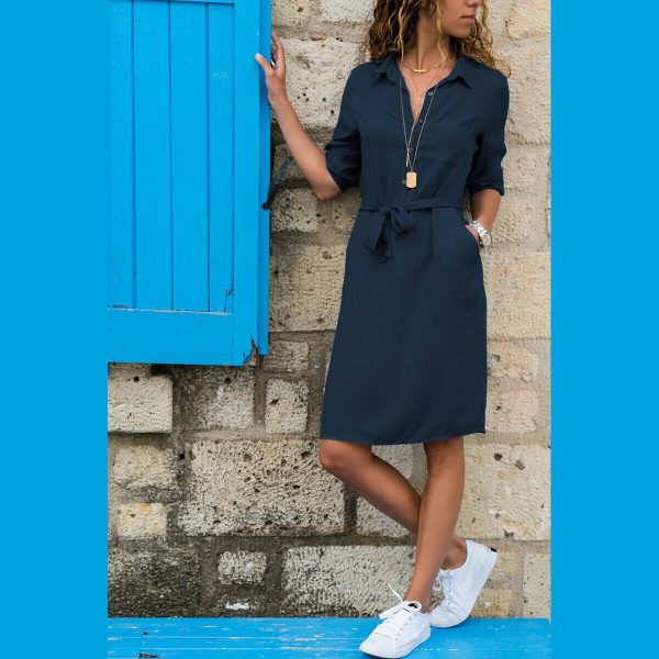 The Best Office Lady Shirt Dress Summer Casual Long Sleeve Tie Belt Button Down Loose Midi Party Top Shirt Dress Online - Source Silk